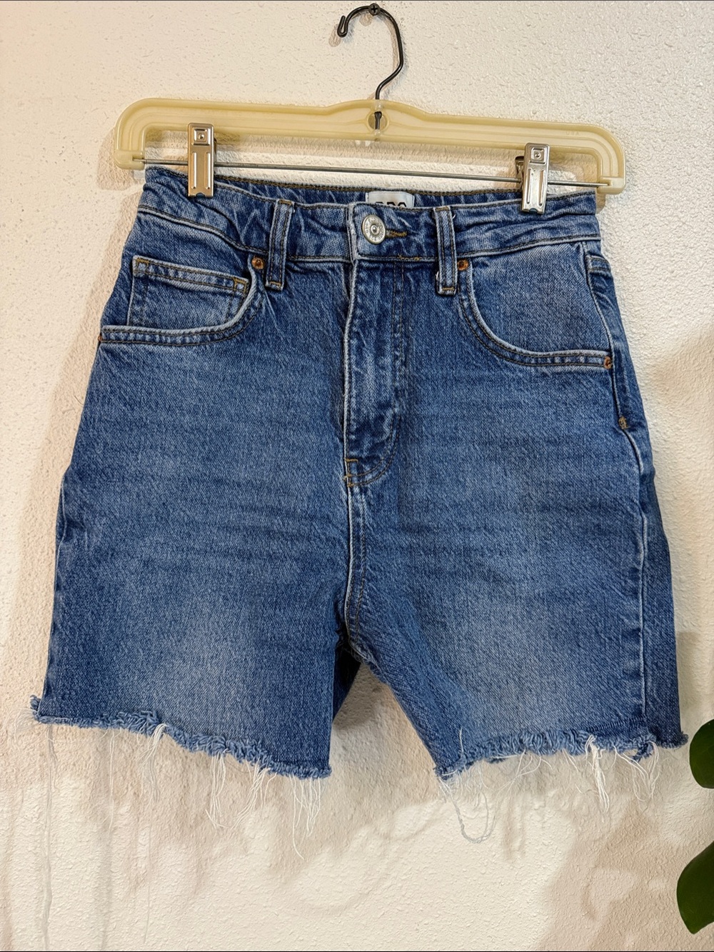 BDG Frayed Hem High-Rise Denim Shorts - Blue Wash